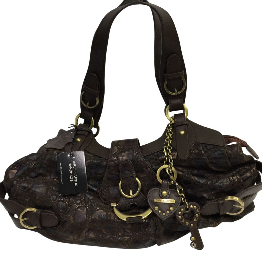 Charlie Lapson Women Large Firenze Print Shoulder Handbag Brown OS NWT